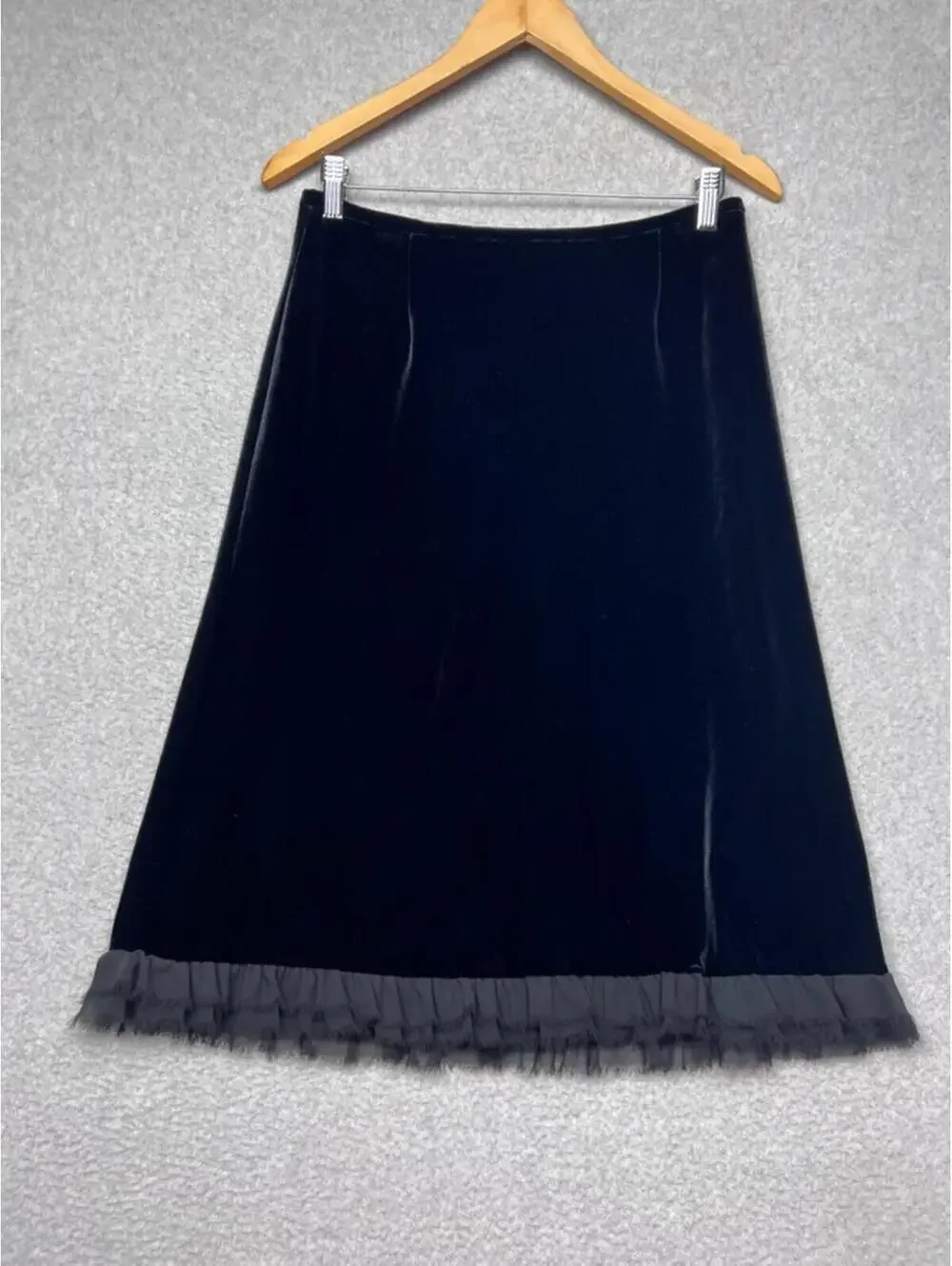 Vintage Black Velvet Midi Skirt Ruffle Tulle Hem Whimsigoth Victorian Goth Sz 8